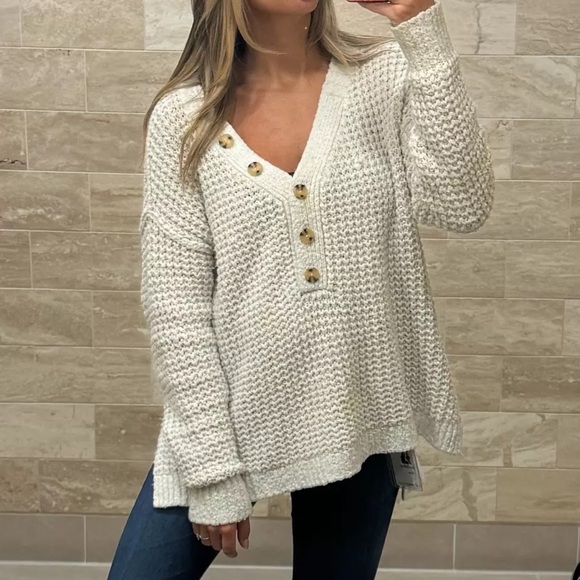 Free People Whistle Thermal chunky Henley sweater‎ cream/ white size small - Picture 1 of 8